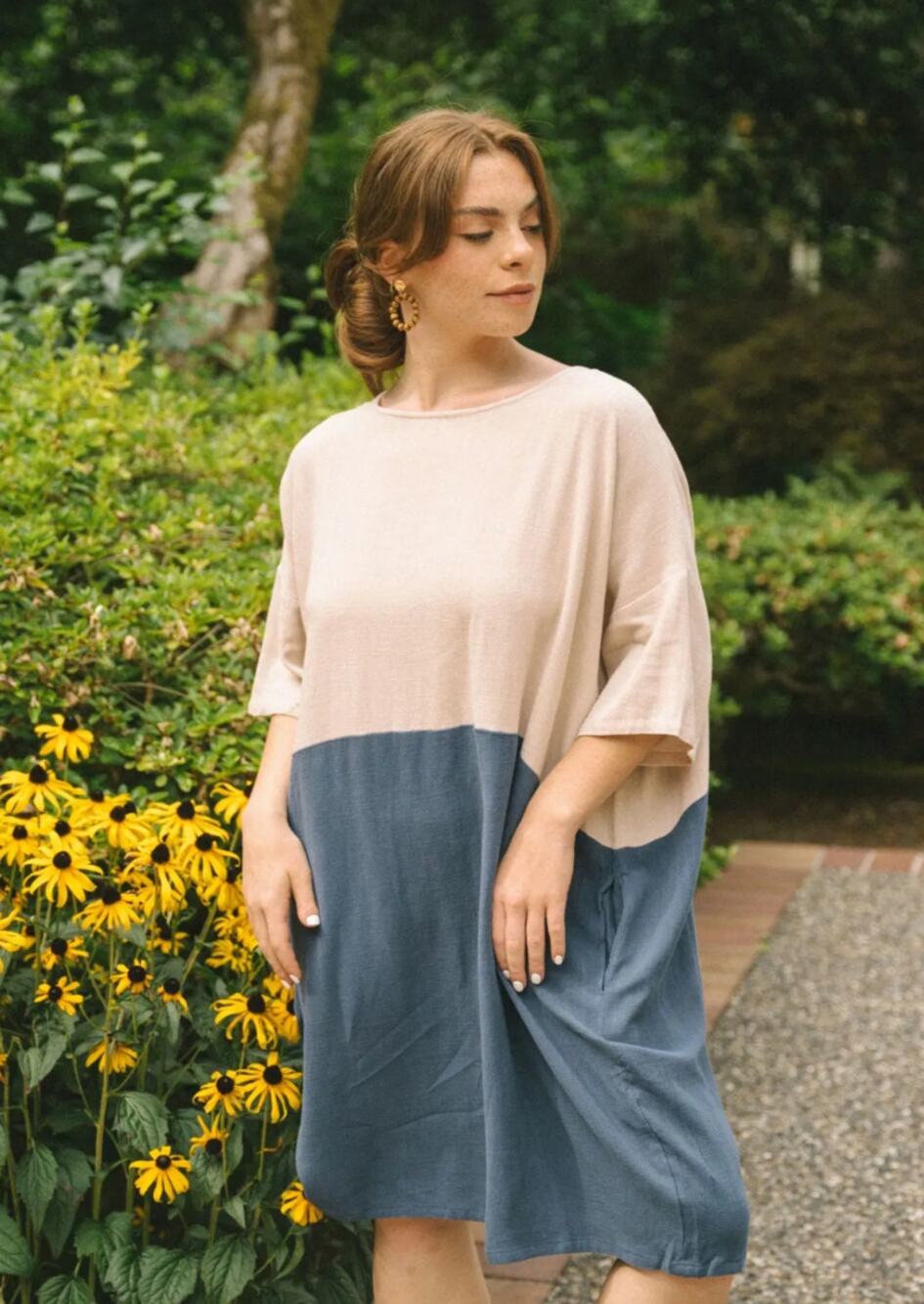 Jackson Rowe Lagenlook Dress Linen Oversized Colorblock Coastal Women Medium